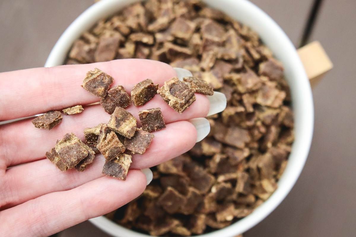 Close Up Hand Ziwi Peak Mackerel & Lamb Recipe Air Dried Dry Cat Food