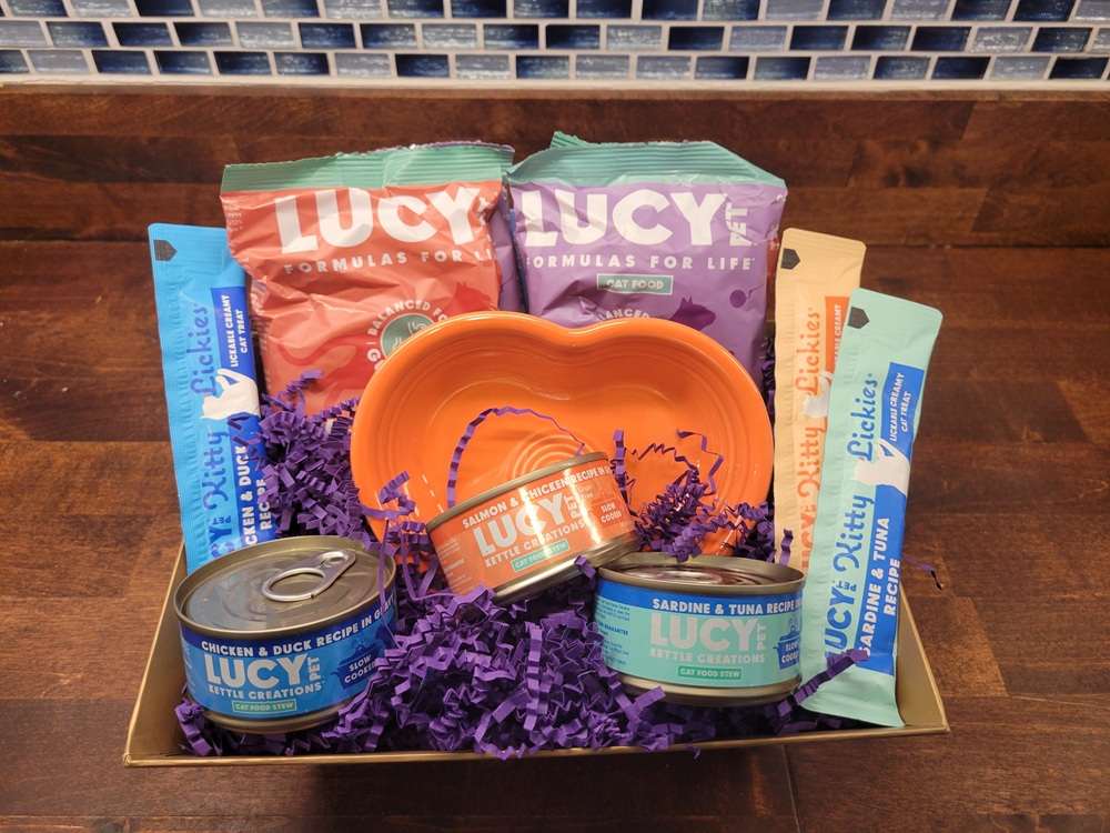 Lucy Pet cat food packaging.